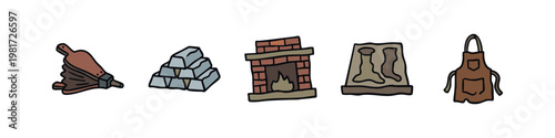 Metalworking Equipment Icons Set featuring Bellows Steel Ingots Fireplace Furnace and Leather Apron