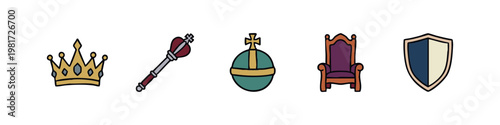 Royal Monarchy and Heraldry Icon Set with Crown Scepter Orb and Throne