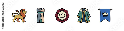 Medieval Kingdom and Heraldry Icons with Lion Tower Seal and Royal Robe