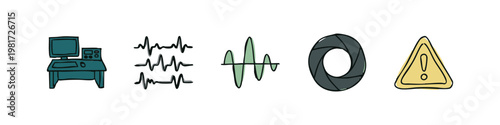 Radiology Control Room Icons with Monitor Waveforms and Warning Sign