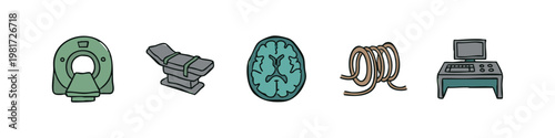 Modern Radiology Equipment Icons with CT Scanner Brain Slice and Console