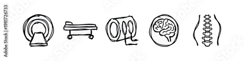 MRI Medical Diagnostic Sketch Icons with Brain Scan and Hospital Equipment