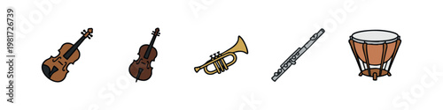 Orchestral String and Brass Musical Instrument Icons with Violin Trumpet and Flute