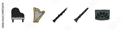 Grand Piano Harp and Woodwind Instrument Icons with Orchestra Seating