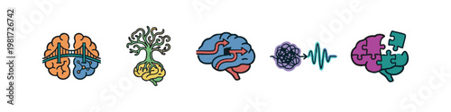Mental Health and Problem Solving Brain Icons with Puzzle Bridge and Arrows