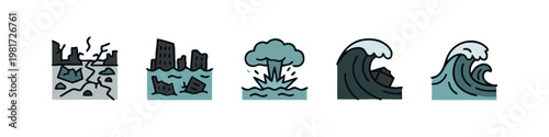Flooded City and Underwater Explosion Natural Disaster Icon Collection
