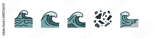 Tsunami Wave Stages and Floating Debris Environmental Disaster Icon Set