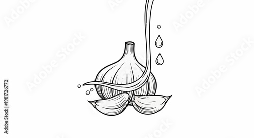 Hand-drawn illustration of a garlic bulb with cloves and dripping liquid
