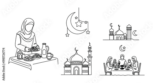 Ramadan illustrations depict iftar meals mosques and community gatherings