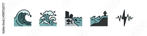 Natural Disaster and Sea Level Rise Icons with Tsunami Waves and Earthquake