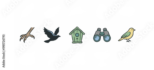 Bird Watching and Wildlife Observation Icons with Binoculars Birdhouse and Talon