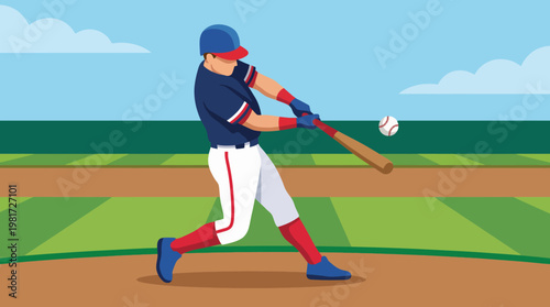 This illustration captures the essence of baseball, featuring a player in mid-swing on a sunny day, reflecting the excitement and athleticism of the great American pastime.