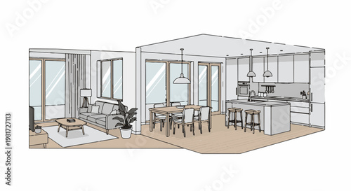 Hand-drawn interior sketch of a modern living and kitchen space