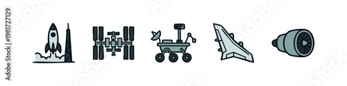 Space technology icons: rocket launch, space station, rover, glider, jet engine