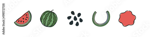 Watermelon slices, seeds, and rind icon set
