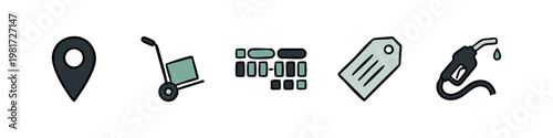 Icons for logistics and retail: pin, dolly, keypad, tag, and fuel nozzle