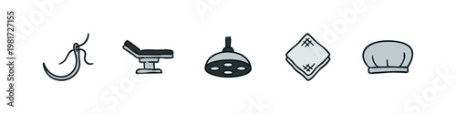 Medical icons: needle, surgical chair, lamp, cloth, and cap