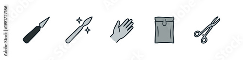 Icons for surgical tools, glove, packaging, and scissors