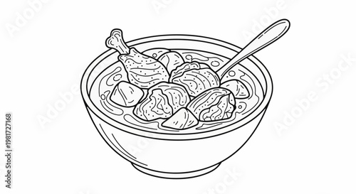 Hand-drawn line art of a bowl of stew with chicken and potatoes, spoon included