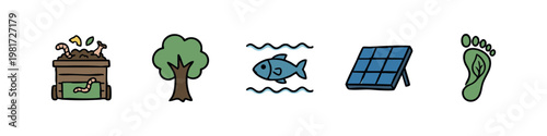 Icons of compost bin, tree, fish, solar panel, and footprint