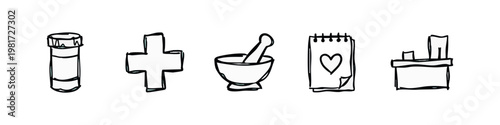 Sketchy Healthcare Icons with Pills Medical Cross and Heart Notepad