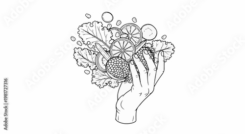 Hand holding a vibrant assortment of fresh fruits and vegetables, artistically rendered in black and white