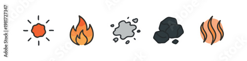 Colored Hand Drawn Elemental Icons with Orange Sun Red Flame and Black Coal