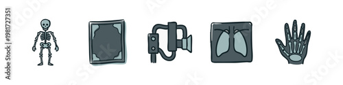 Colored Hand Drawn Medical Radiology Icons with Lungs and Skeleton