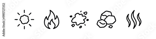 Clean Outline Elemental Icon Set featuring Sun Flame Coal and Water Splash