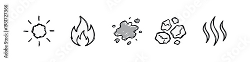 Sketchy Line Art Elemental Energy Icons with Sun Fire Coal and Steam