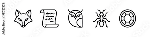 Fotografia Clean Minimalist Animal Icon Set featuring Fox Owl and Ancient Scroll