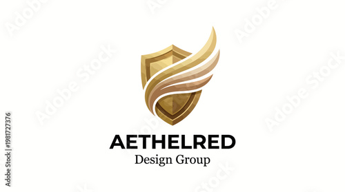 This logo presents an elegant shield with stylized wing elements, reflecting protection, innovation, and classic elegance, ideal for a design group focusing on quality.