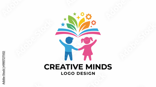 A colorful logo design featuring two children holding hands beneath a creative burst of ideas, symbolizing growth, education, and imagination for a youth-focused brand.