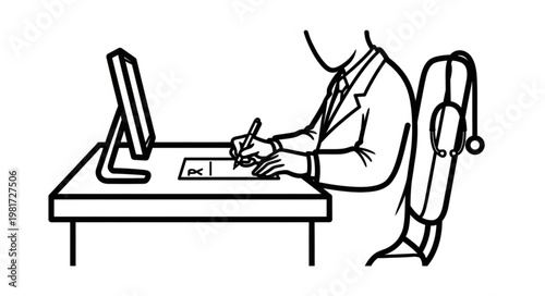 Businessperson working at a desk with a computer and writing.