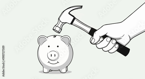 Hand holding hammer poised to break a smiling piggy bank