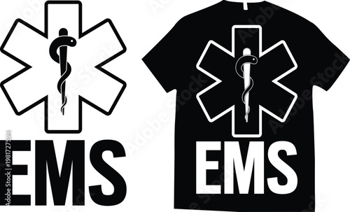 EMS t-shirt design Emergency Medical Service, black and white vector icon featuring the Star of Life symbol.