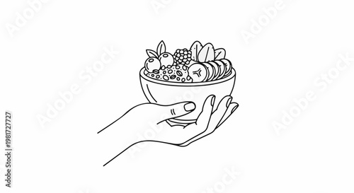 Hand holds a fruit-filled bowl, a healthy breakfast