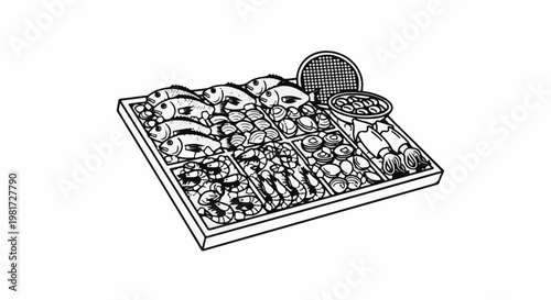 Fresh seafood display with fish, shrimp, clams, and calamari