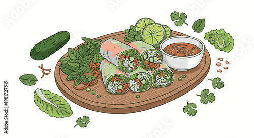 Fresh spring rolls with dipping sauce, herbs, and cucumber slices, arranged