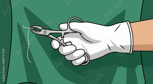 Hand in glove holds surgical tool, operating on white thread against green fabric