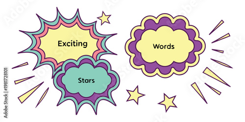 Colorful comic book style speech bubbles with exciting words and stars