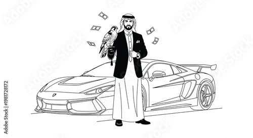 Illustrative set depicting arabian men with falcons and traditional architecture