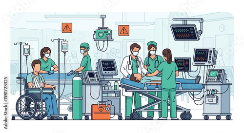 Medical Team Treating Patients in Busy Intensive Care Unit