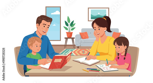 Family reading and drawing together at home, learning and bonding