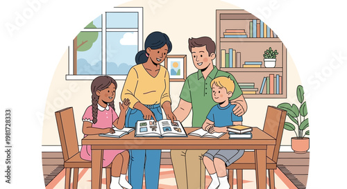 Family Studying Together: Parents Help Children With Homework at Dining Table