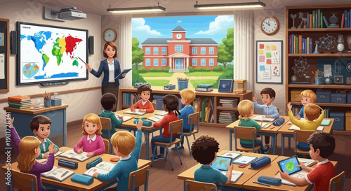 Diverse students learning geography with interactive map in bright classroom