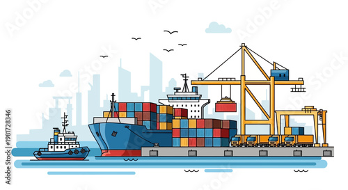 Cargo Ship Loading Containers at Port with Crane and Tugboat, City Skyline Background