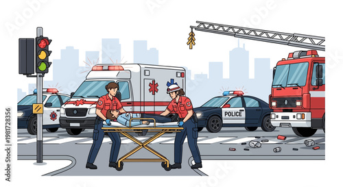 Emergency Scene: Paramedics Transfer Patient from Ambulance amidst Police and Fire Truck