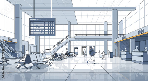 Modern airport terminal interior with passengers, departures board, escalators, and check-in counters.