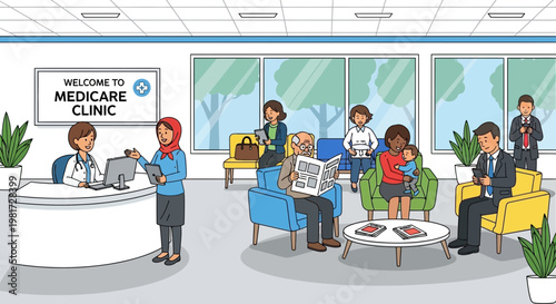 Diverse people waiting in a modern medicare clinic reception area, healthcare concept